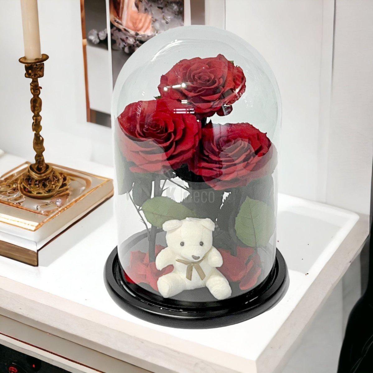 3 Trandafiri Criogenati rosii mari in cupola de sticla cu ursulet-Kdeco.ro