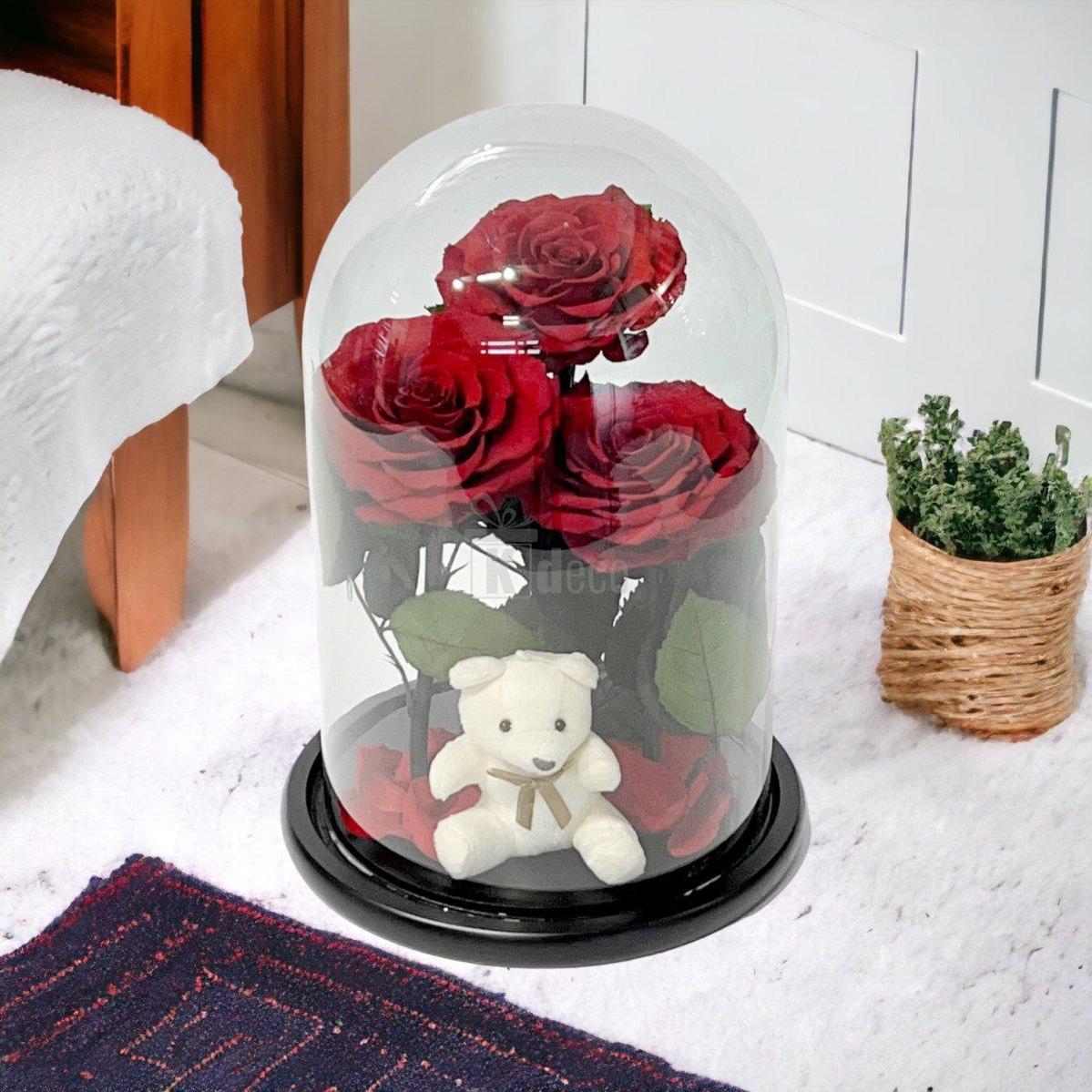 3 Trandafiri Criogenati rosii mari in cupola de sticla cu ursulet-Kdeco.ro