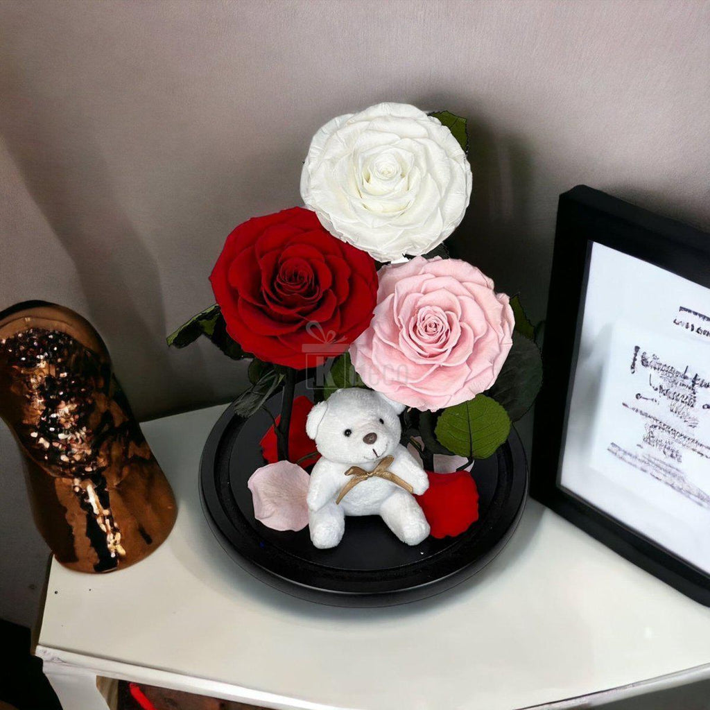 3 Trandafiri Criogenati mari (alb, rosu, roz pal) in cupola de sticla-Kdeco.ro