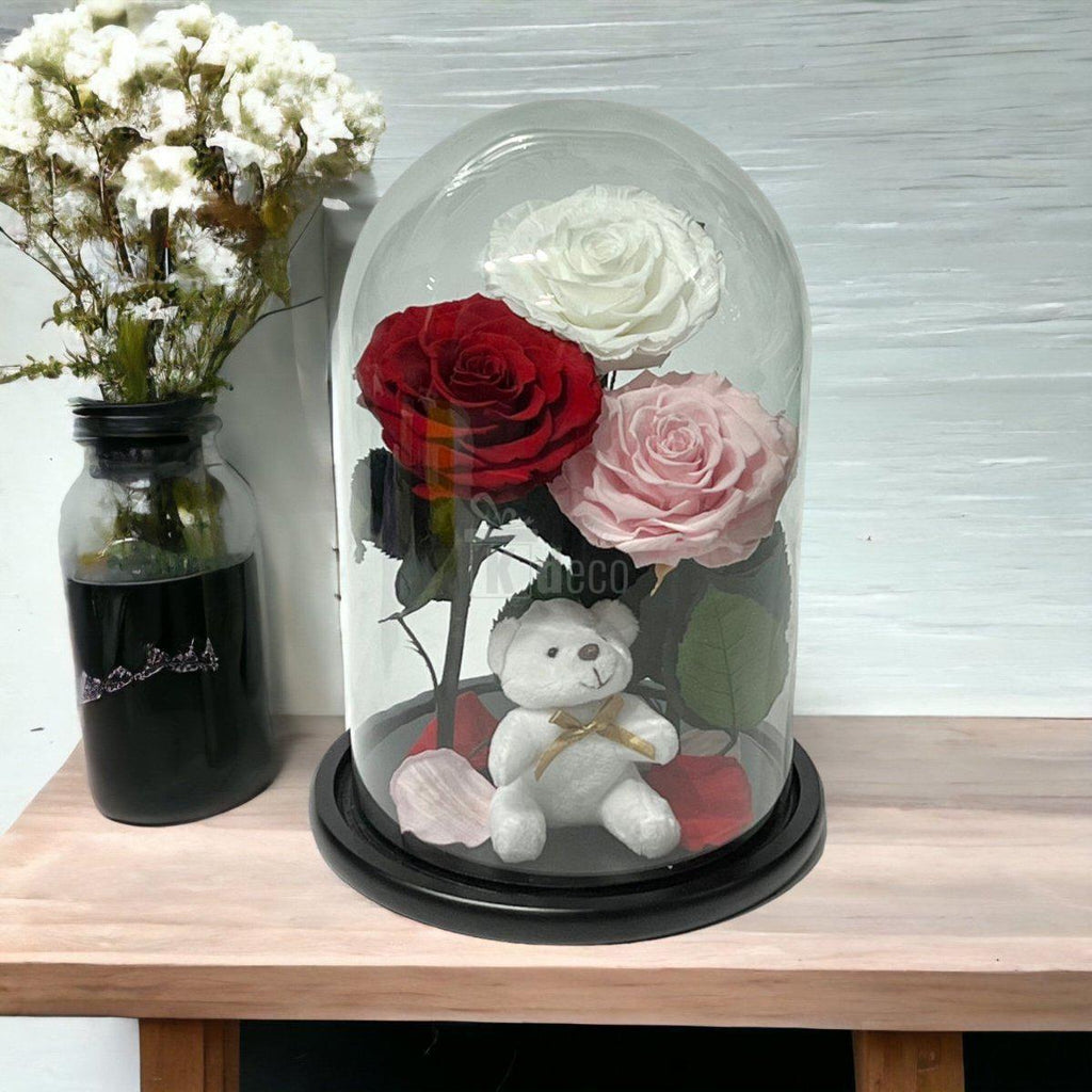 3 Trandafiri Criogenati mari (alb, rosu, roz pal) in cupola de sticla-Kdeco.ro