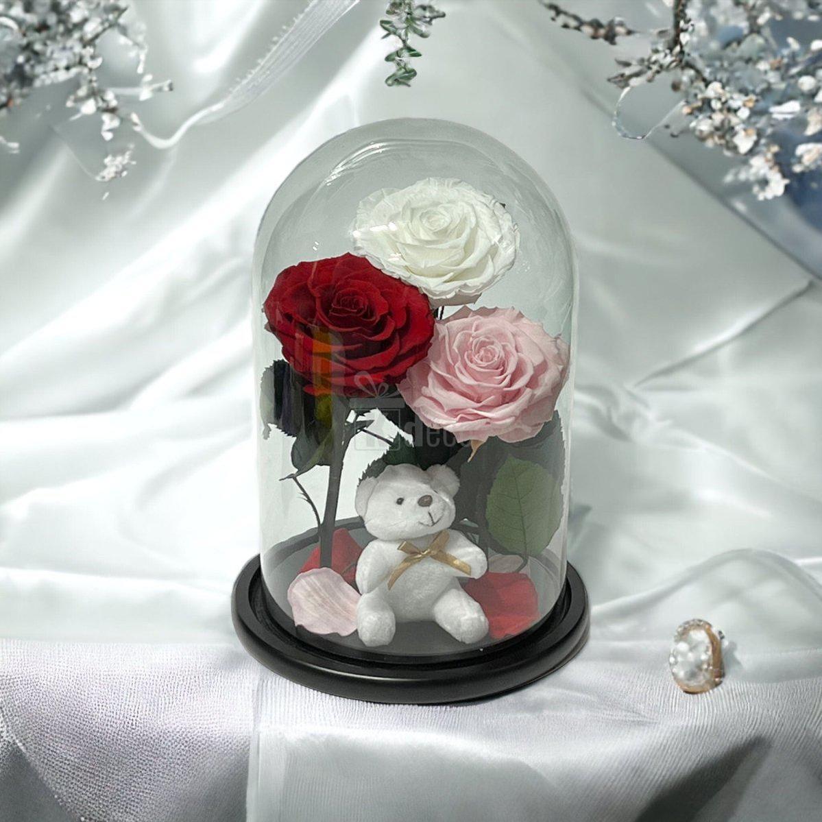 3 Trandafiri Criogenati mari (alb, rosu, roz pal) in cupola de sticla-Kdeco.ro