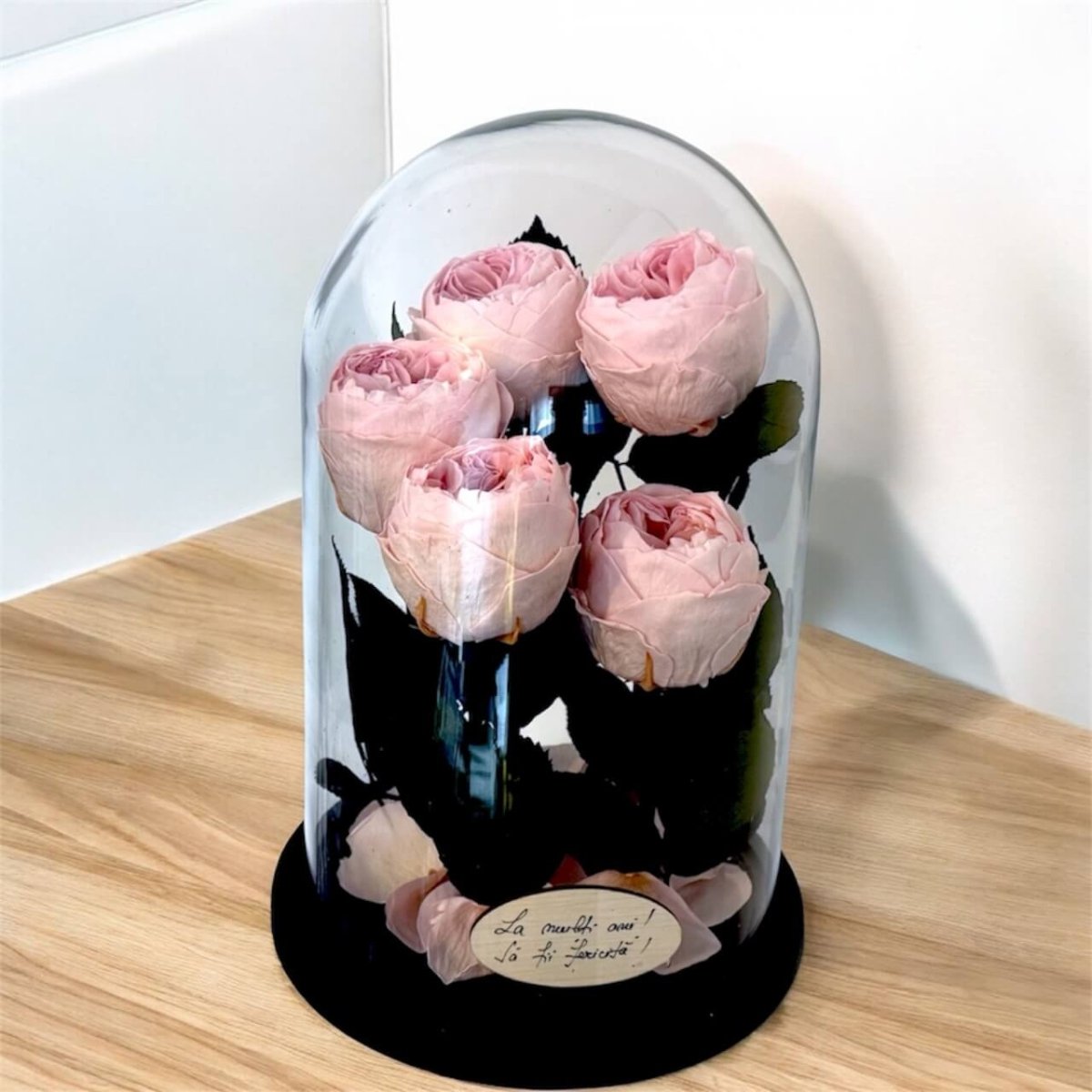 5 Bujori Criogenati Roz cu Cupolă din Sticlă Ø6 - 7cm - Cadou cu Mesaj în Cupola 17x28cm - Kdeco.ro