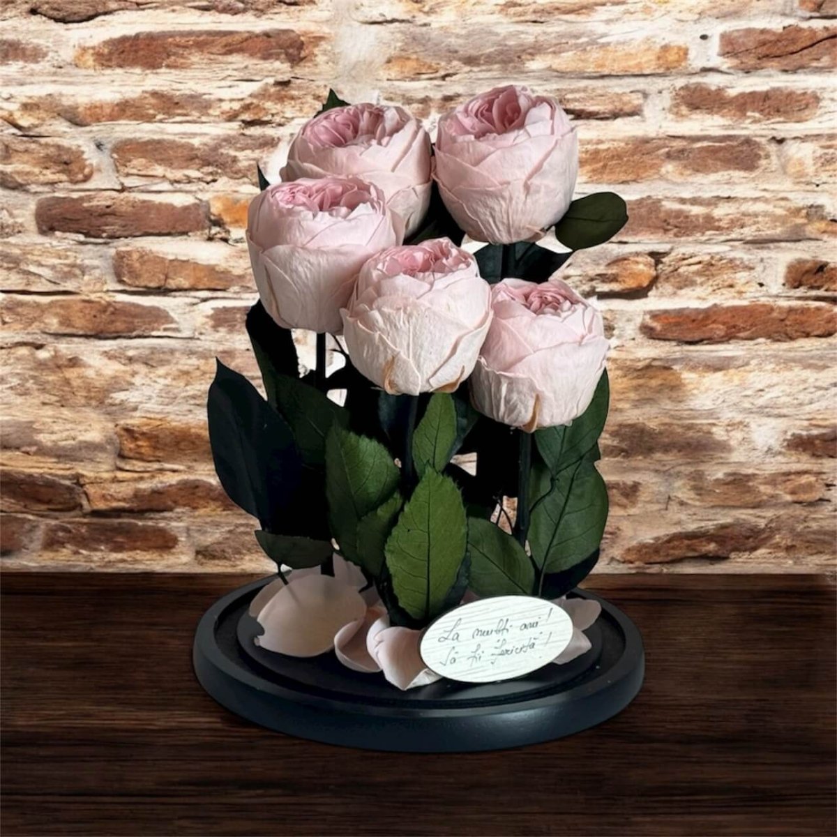 5 Bujori Criogenati Roz cu Cupolă din Sticlă Ø6 - 7cm - Cadou cu Mesaj în Cupola 17x28cm - Kdeco.ro