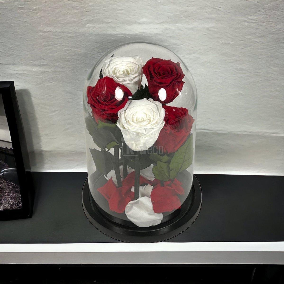 Aranjament floral cu trandafiri criogenati în cupolă, decor modern și cadou ideal pentru femei.