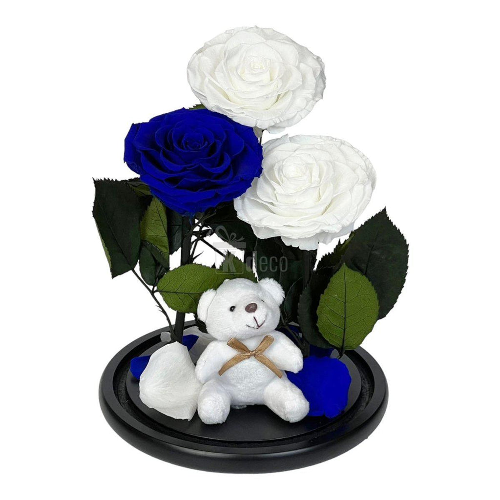 3 Trandafiri Criogenati mari (2 albi si 1 albastru) in cupola sticla cu ursulet-Kdeco.ro