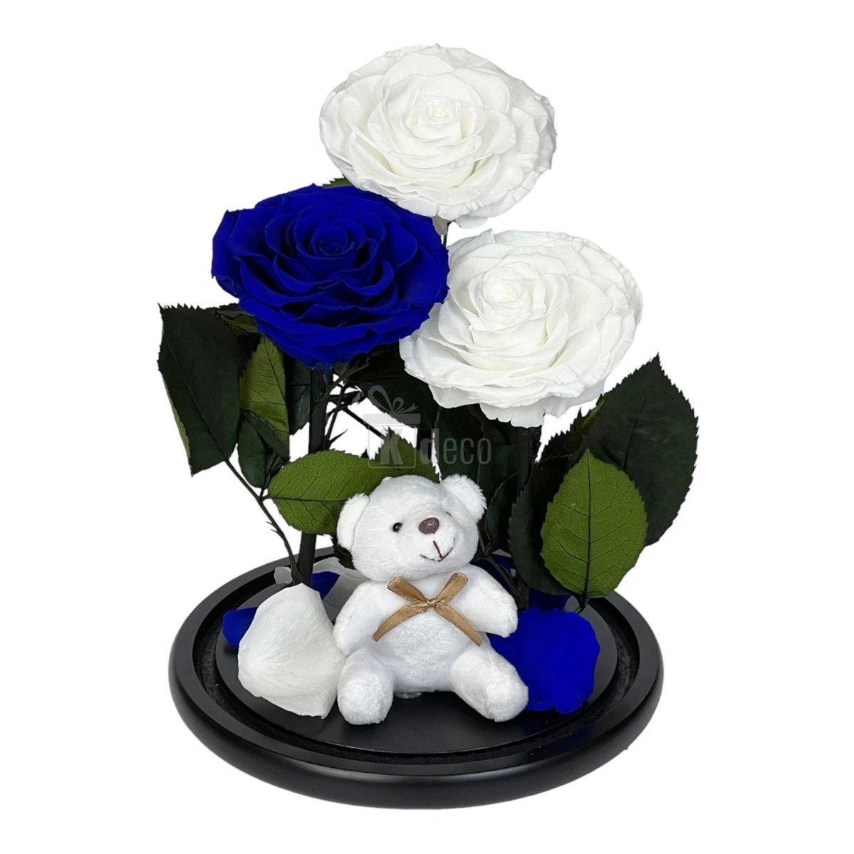3 Trandafiri Criogenati mari (2 albi si 1 albastru) in cupola sticla cu ursulet-Kdeco.ro