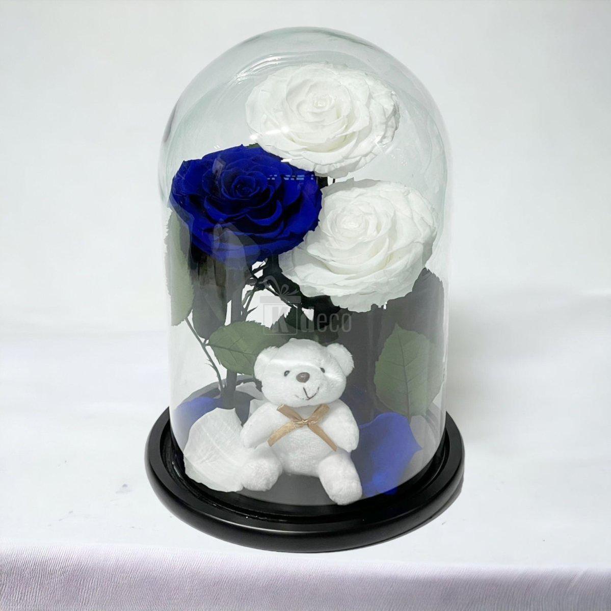 3 Trandafiri Criogenati mari (2 albi si 1 albastru) in cupola sticla cu ursulet-Kdeco.ro