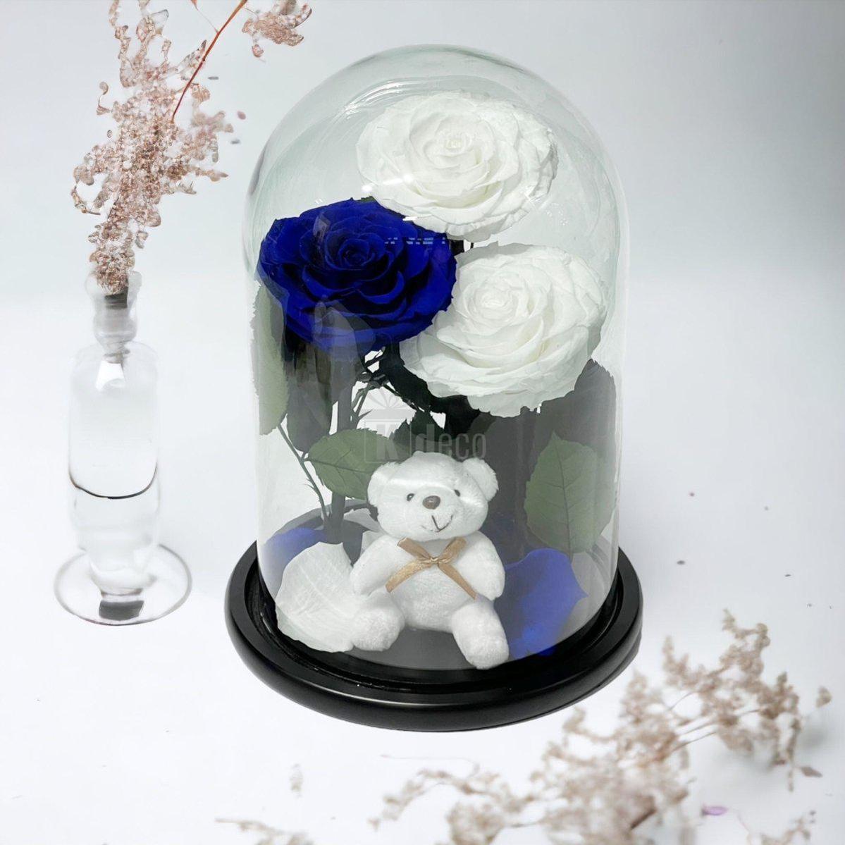 3 Trandafiri Criogenati mari (2 albi si 1 albastru) in cupola sticla cu ursulet-Kdeco.ro