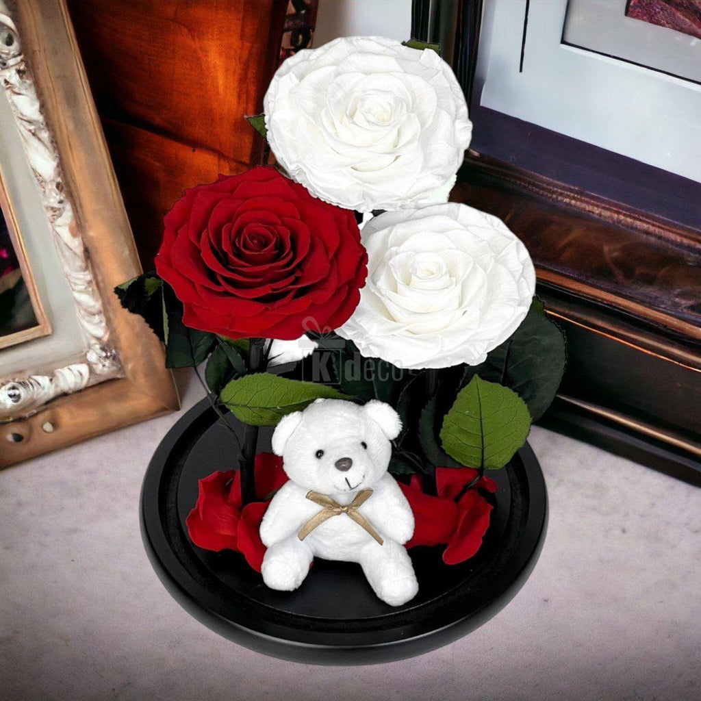 3 Trandafiri Criogenati mari (2 albi si 1 rosu) in cupola sticla cu ursulet-Kdeco.ro