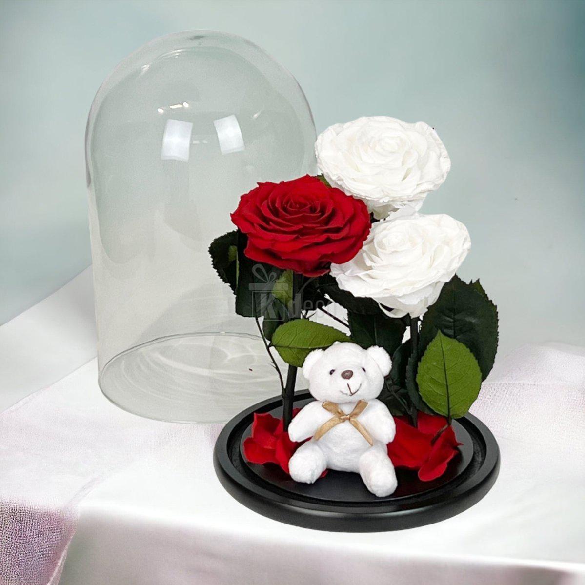 3 Trandafiri Criogenati mari (2 albi si 1 rosu) in cupola sticla cu ursulet-Kdeco.ro