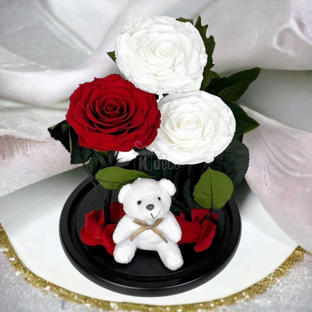 3 Trandafiri Criogenati mari (2 albi si 1 rosu) in cupola sticla cu ursulet-Kdeco.ro