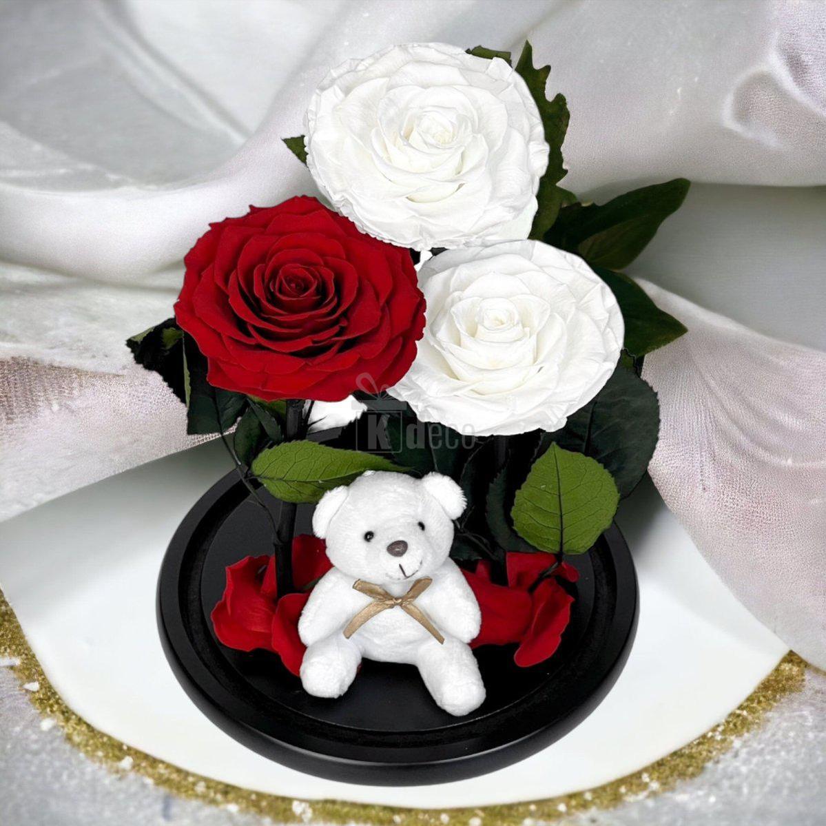 3 Trandafiri Criogenati mari (2 albi si 1 rosu) in cupola sticla cu ursulet-Kdeco.ro