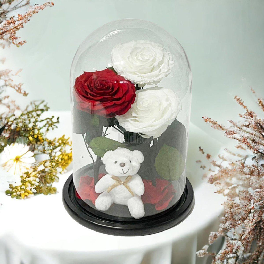 3 Trandafiri Criogenati mari (2 albi si 1 rosu) in cupola sticla cu ursulet-Kdeco.ro