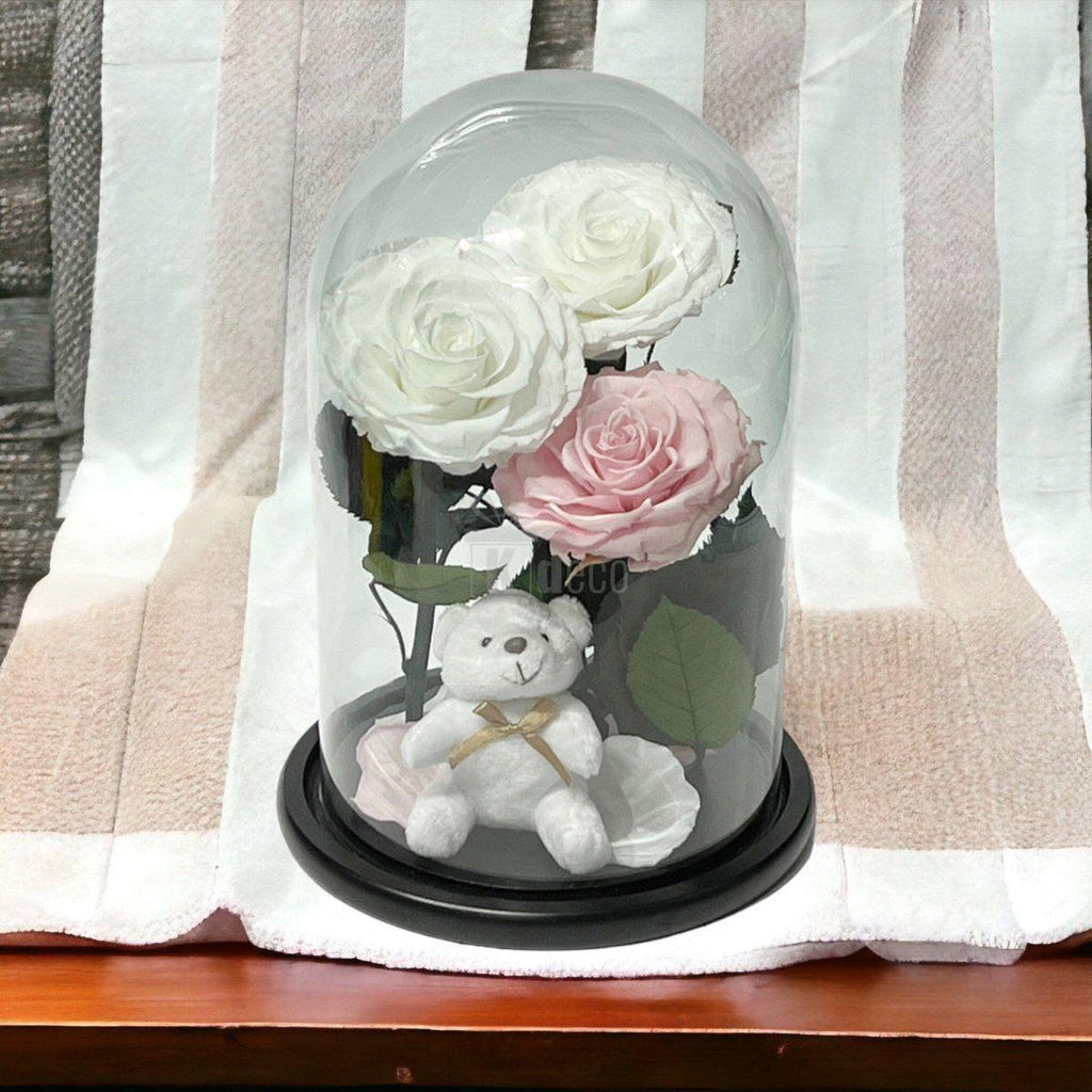 3 Trandafiri Criogenati mari (2 albi si 1 roz pal) in cupola sticla cu ursulet-Kdeco.ro