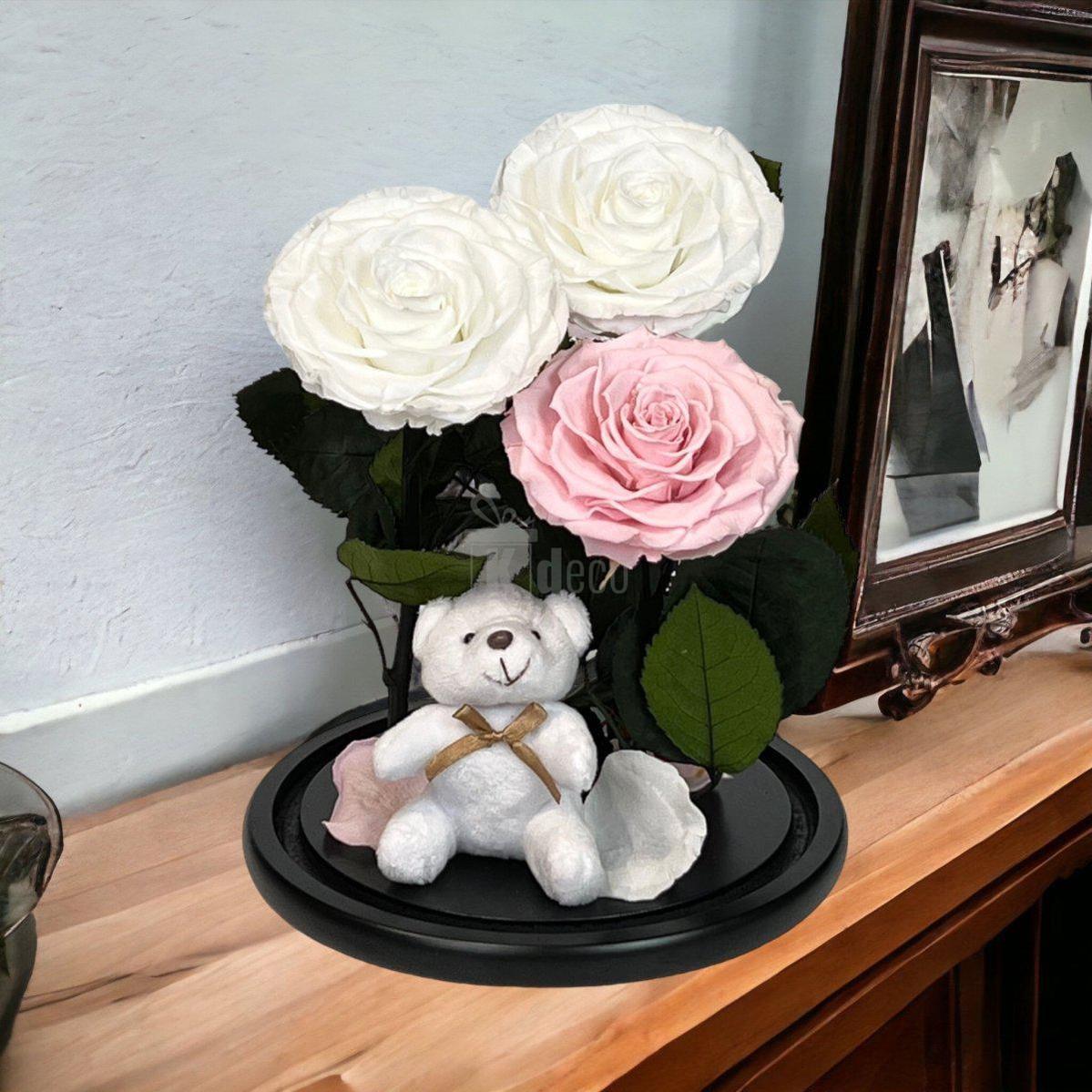 3 Trandafiri Criogenati mari (2 albi si 1 roz pal) in cupola sticla cu ursulet-Kdeco.ro