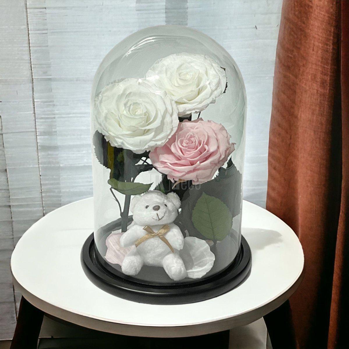 3 Trandafiri Criogenati mari (2 albi si 1 roz pal) in cupola sticla cu ursulet-Kdeco.ro