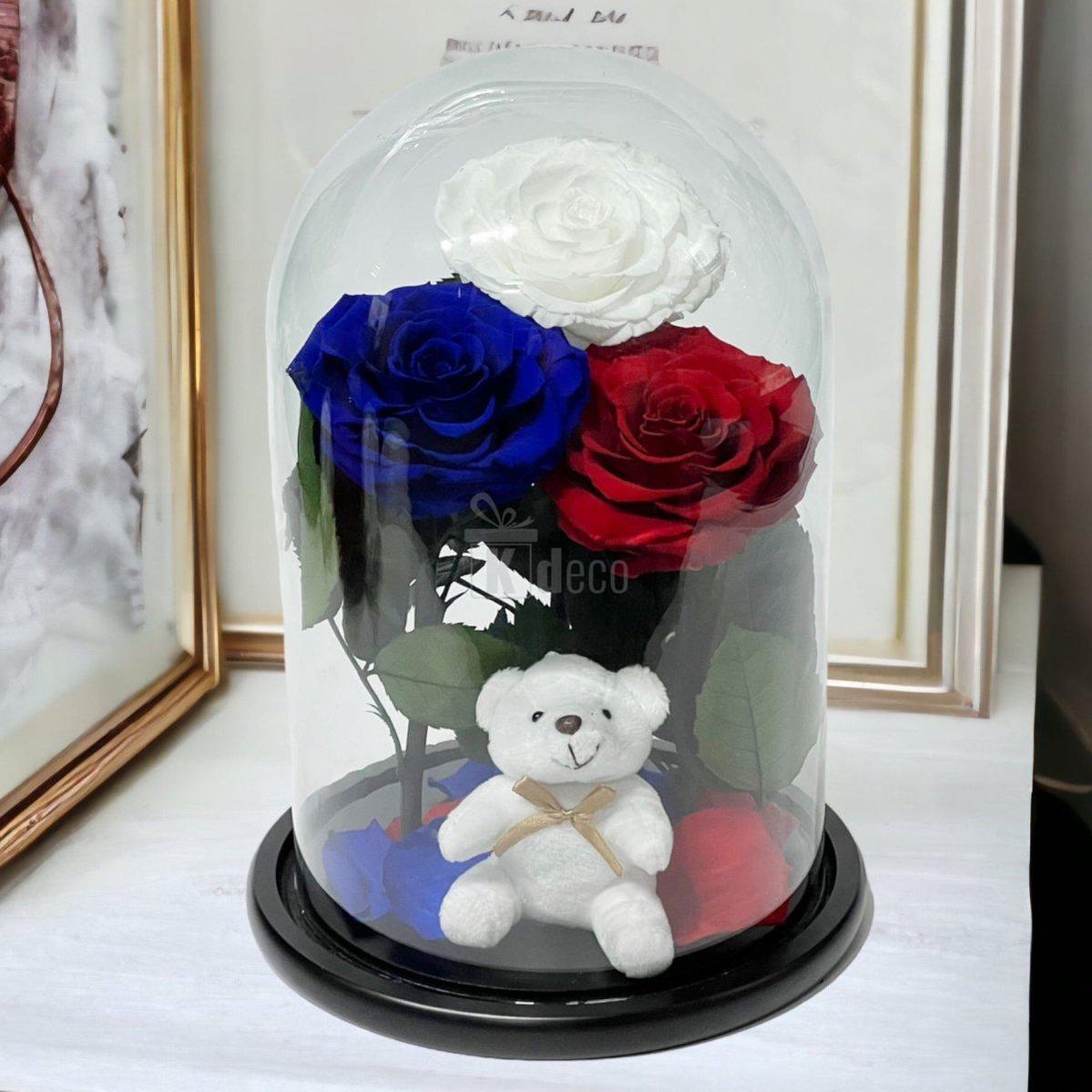 3 Trandafiri Criogenati mari (alb, albastru, rosu) in cupola de sticla-Kdeco.ro