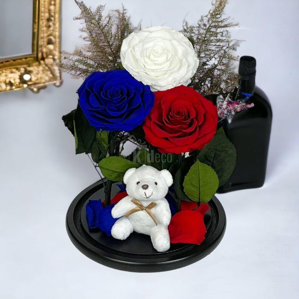 3 Trandafiri Criogenati mari (alb, albastru, rosu) in cupola de sticla-Kdeco.ro