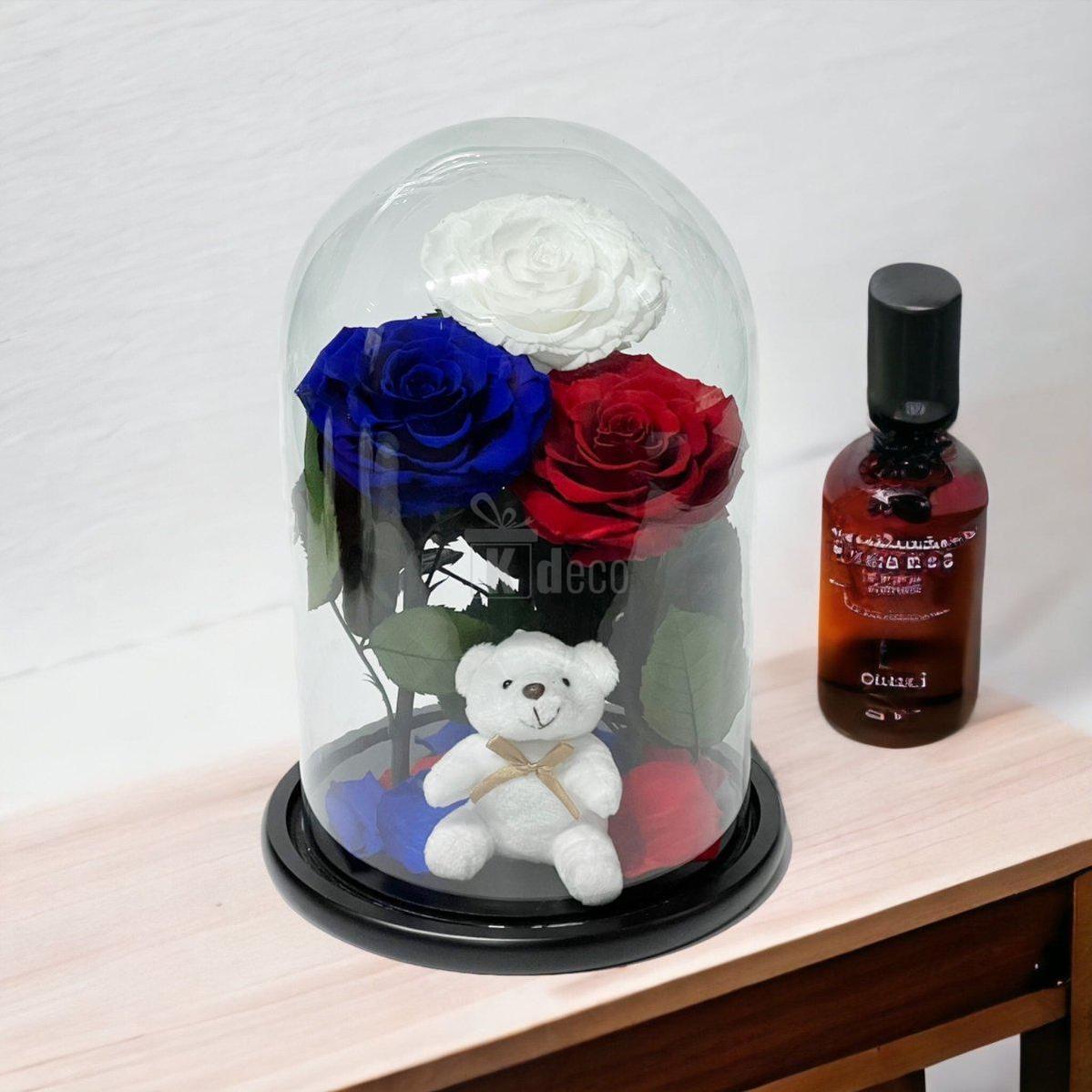 3 Trandafiri Criogenati mari (alb, albastru, rosu) in cupola de sticla-Kdeco.ro
