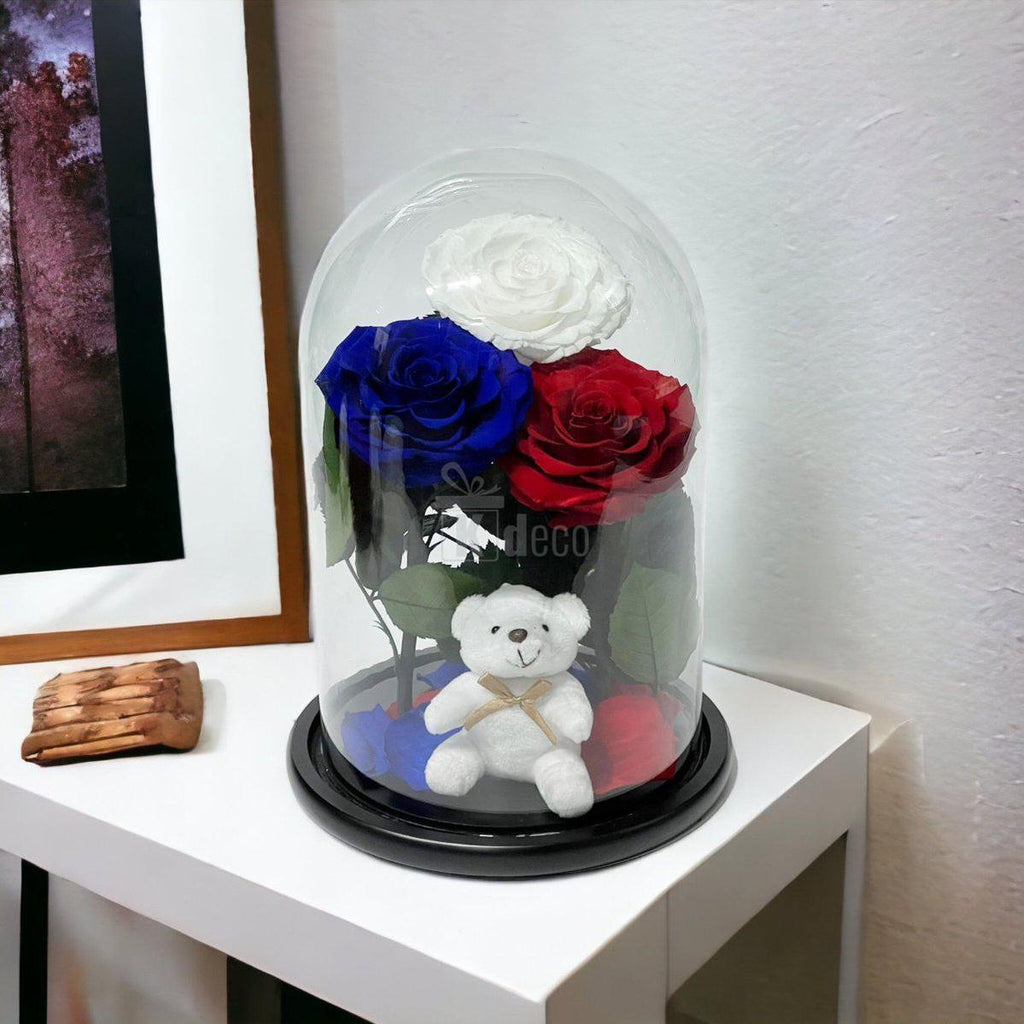 3 Trandafiri Criogenati mari (alb, albastru, rosu) in cupola de sticla-Kdeco.ro