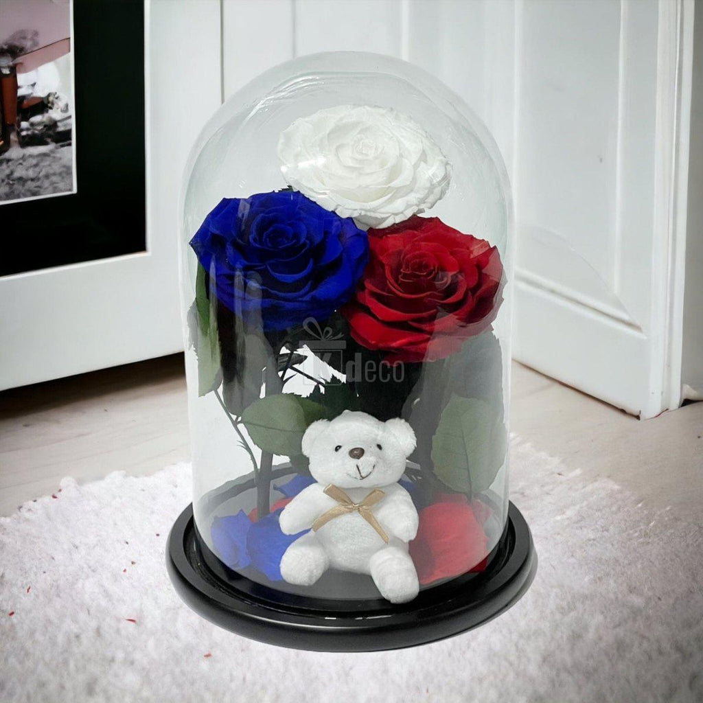 3 Trandafiri Criogenati mari (alb, albastru, rosu) in cupola de sticla-Kdeco.ro