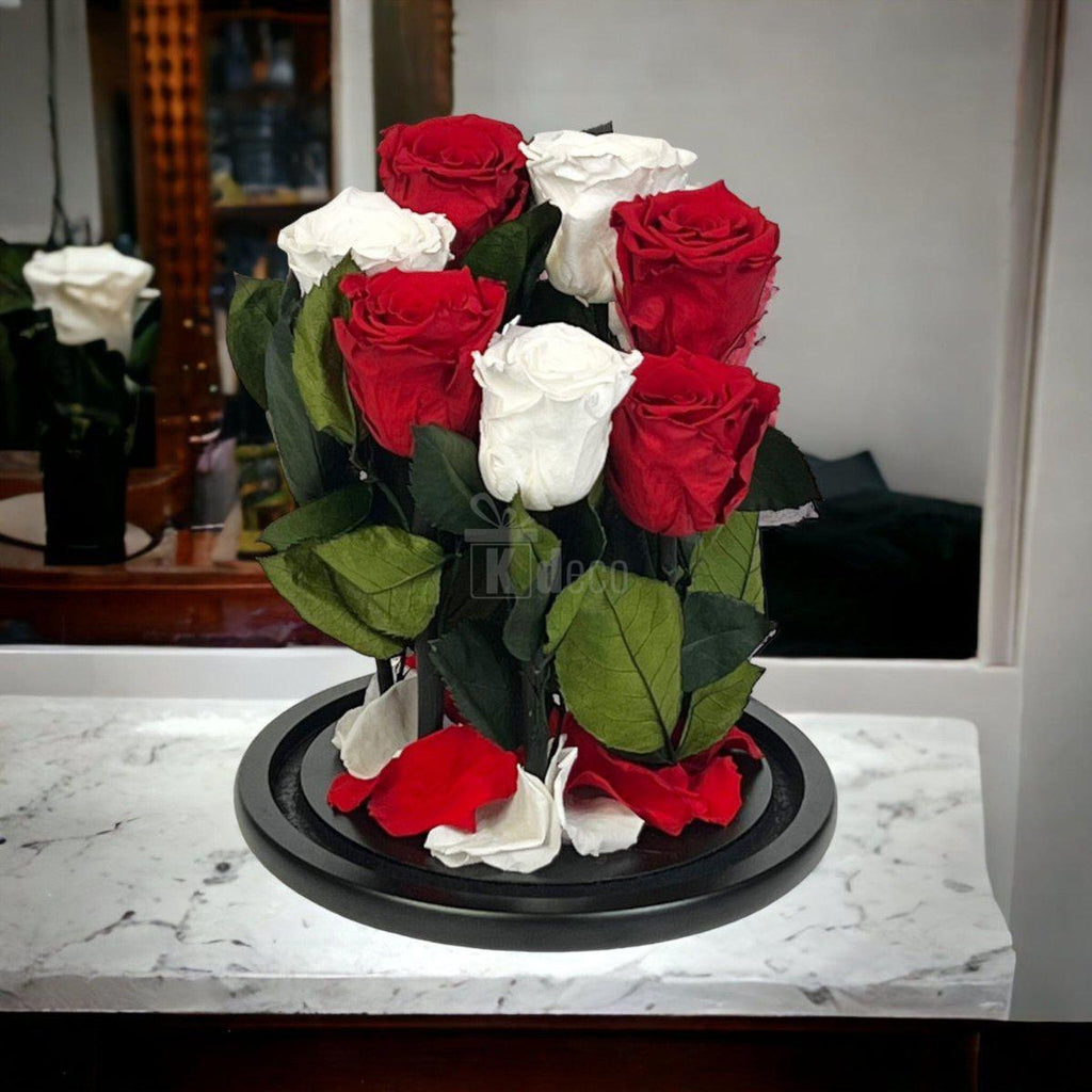 7 Trandafiri Criogenati 4 rosii si 3 albi in cupola de sticla cu mesaj-Kdeco.ro