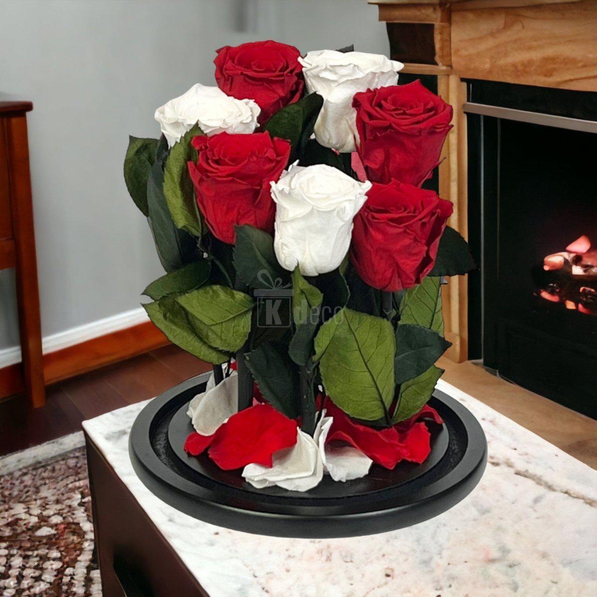 7 Trandafiri Criogenati 4 rosii si 3 albi in cupola de sticla cu mesaj-Kdeco.ro