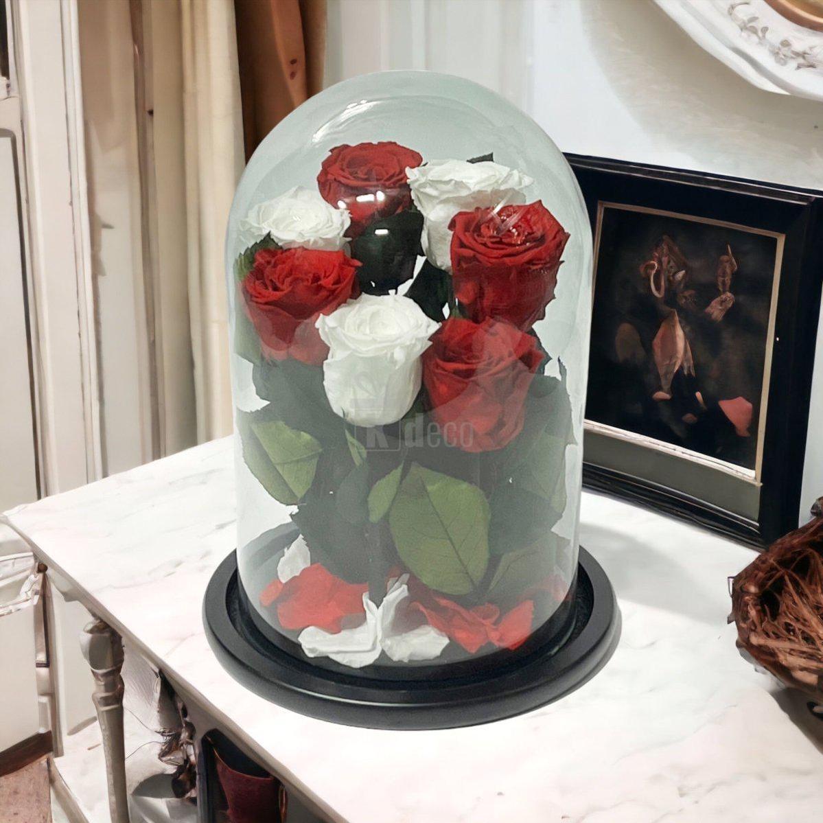 7 Trandafiri Criogenati 4 rosii si 3 albi in cupola de sticla cu mesaj-Kdeco.ro