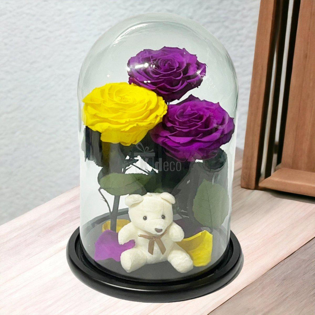 3 Trandafiri Criogenati mari (2 purpurii si 1 galben) in cupola sticla-Kdeco.ro
