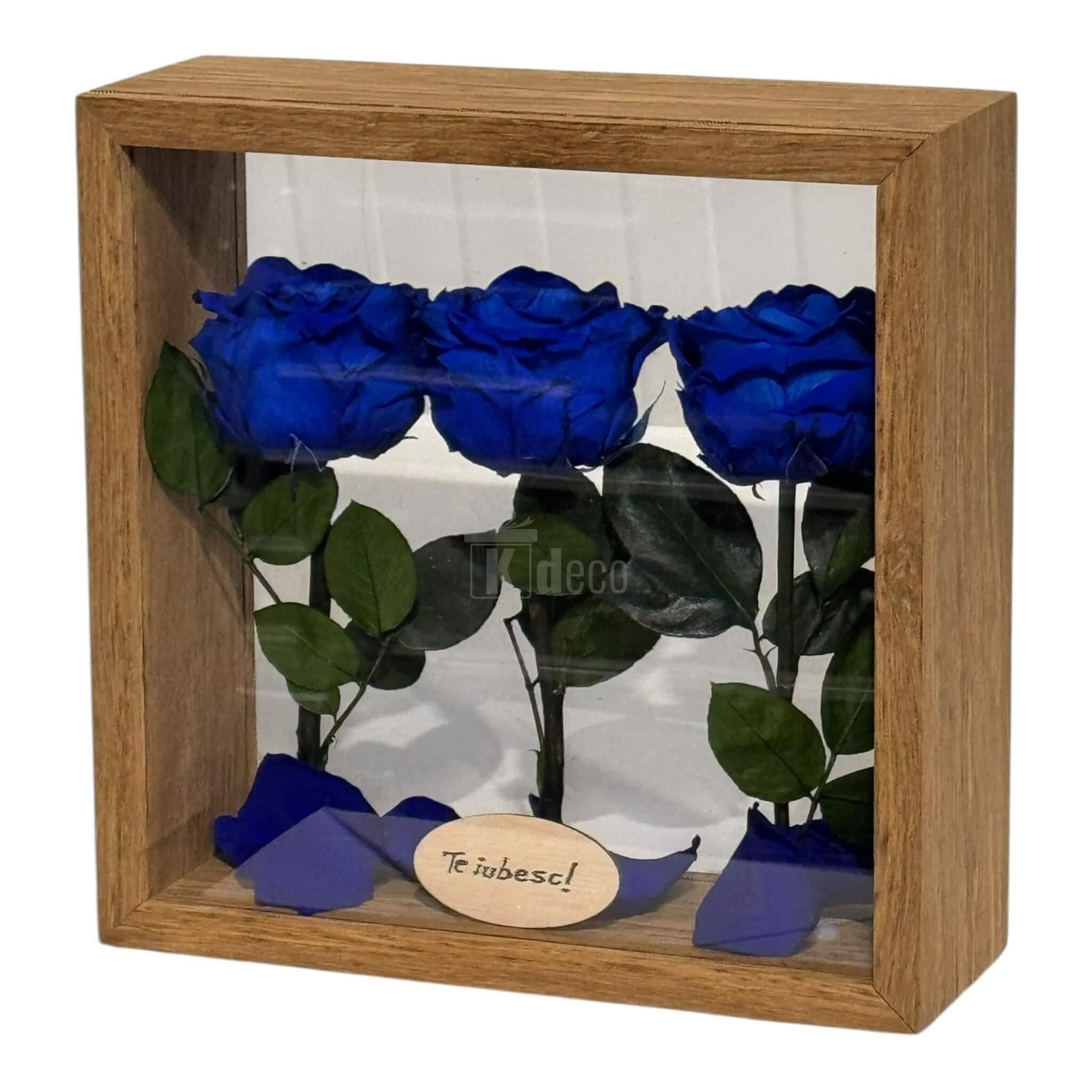 Trandafiri criogenați albaștri în ramă de lemn cu protecție plexiglas și mesaj „Te iubesc!”, decor floral 27x27 cm pentru casă sau birou