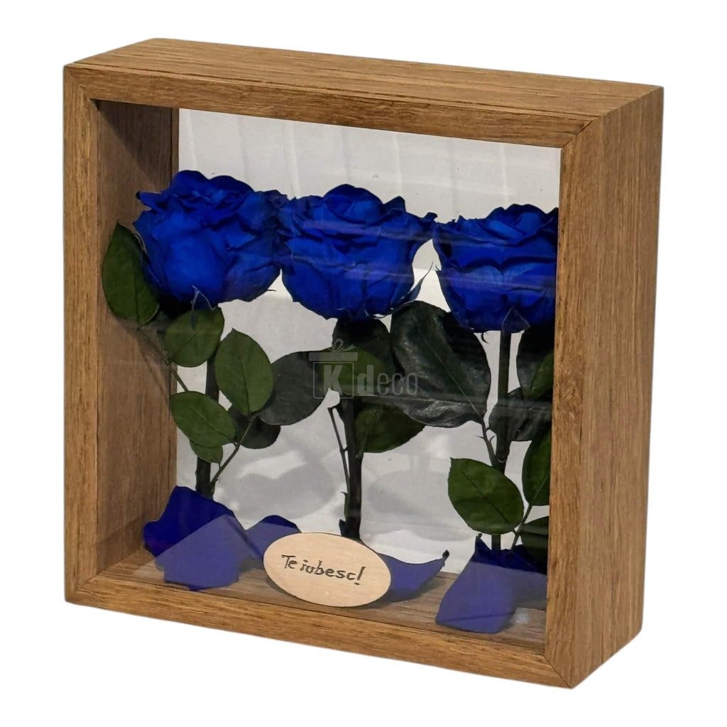 Aranjament de Masă cu 3 Trandafiri Criogenați Albaștri și Mesaj Personalizat – 27x27 cm 💙✨, decor Home & Garden cu flori uscate