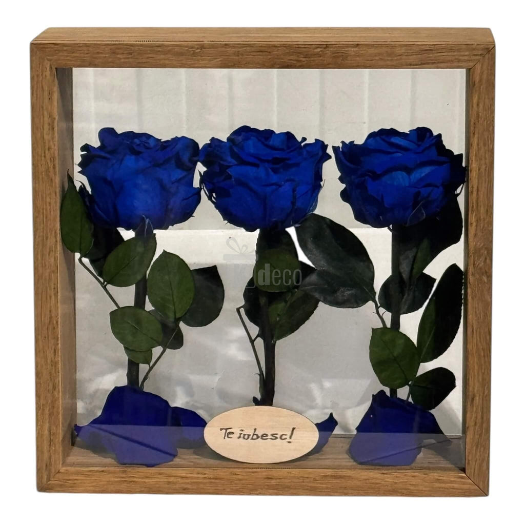 Trandafiri criogenați albaștri în ramă pătrată cu plexiglas și mesaj „Te iubesc!”, aranjament floral 27x27 cm pentru decor elegant