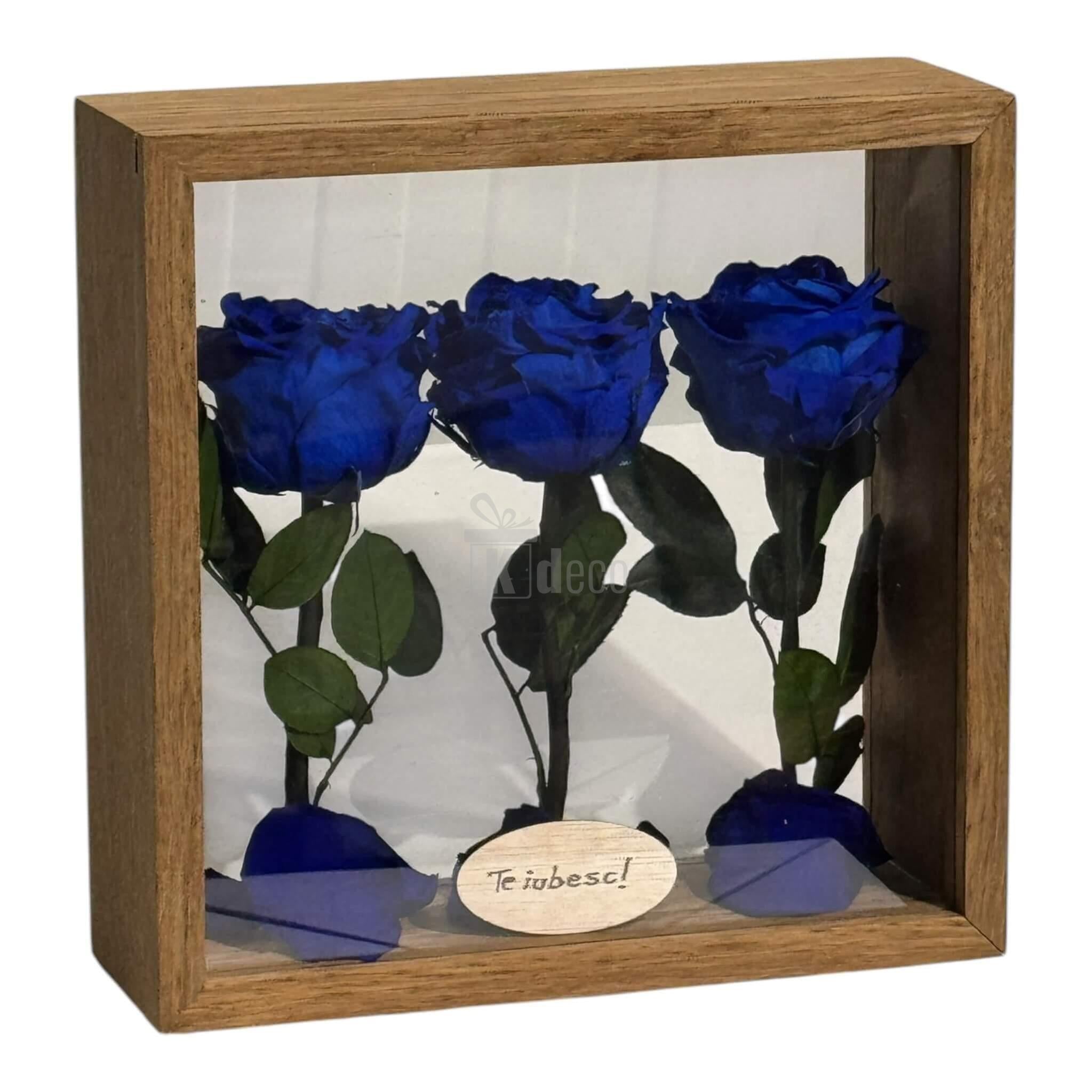 Aranjament de Masă cu 3 Trandafiri Criogenați Albaștri și Mesaj Personalizat – 27x27 cm 💙✨, decor romantic cu flori uscate în plexiglas
