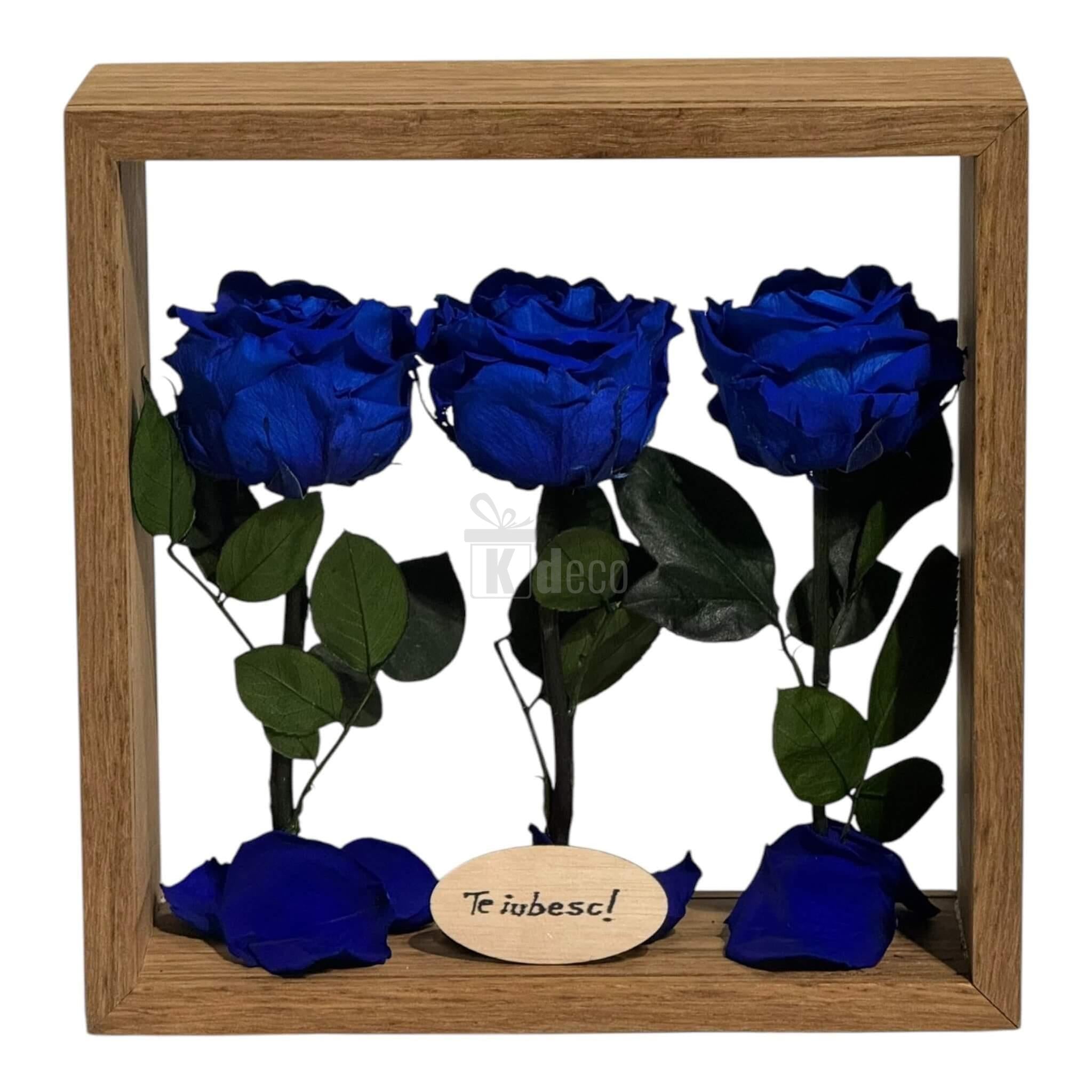 Aranjament de Masă cu 3 Trandafiri Criogenați Albaștri și Mesaj Personalizat – 27x27 cm 💙✨, cadou elegant pentru casă sau birou