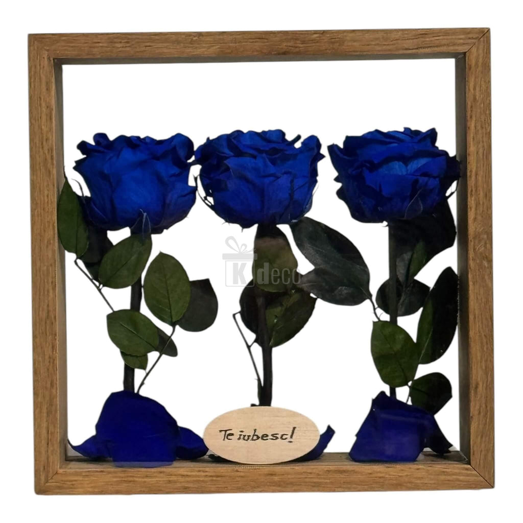 Aranjament floral cu 3 trandafiri criogenați albaștri în ramă de lemn 27x27 cm, cu mesaj „Te iubesc!” pentru decor elegant și cadouri