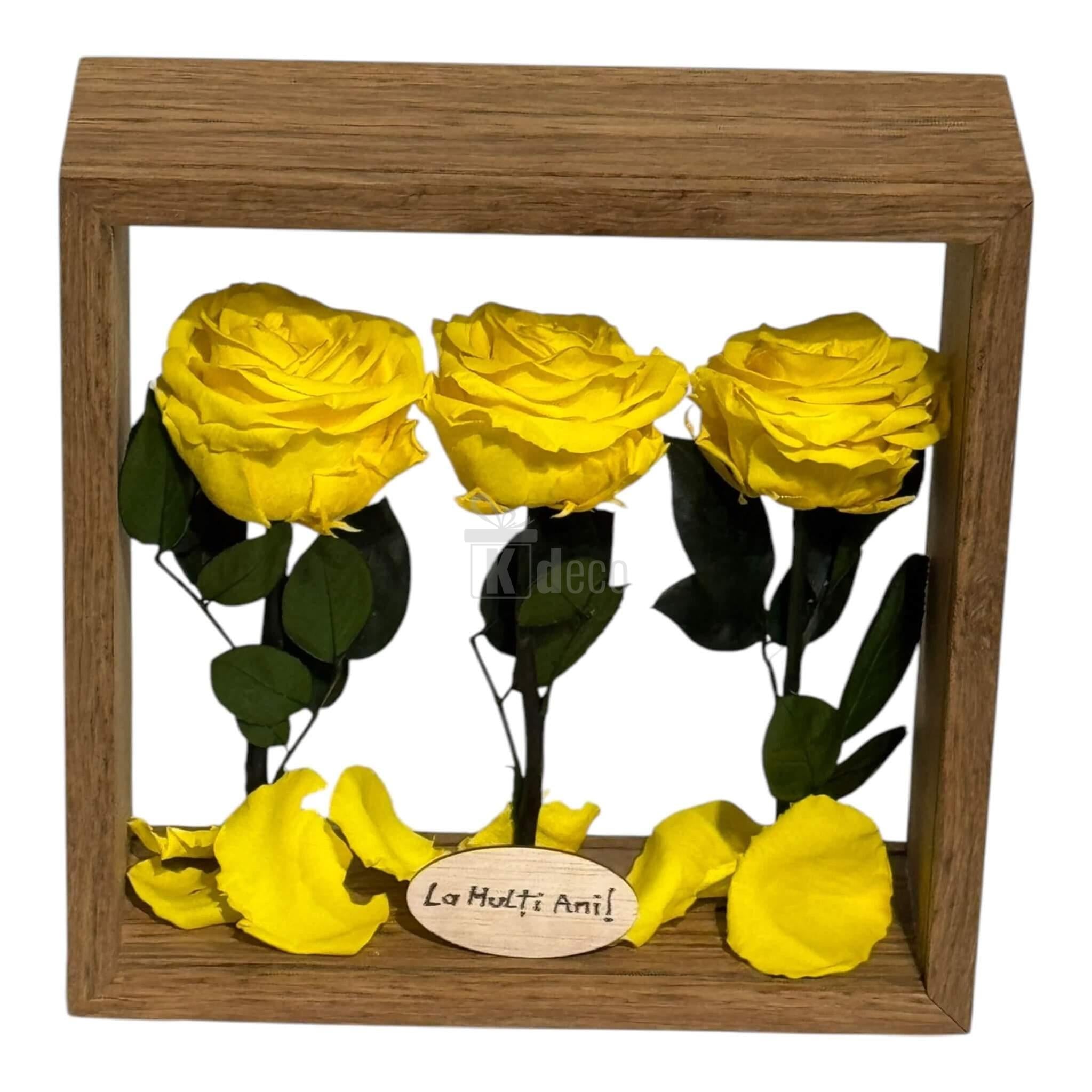 Trandafiri criogenați galbeni în aranjament de masă premium, în cutie decorativă din plexiglas, perfect pentru cadouri speciale.