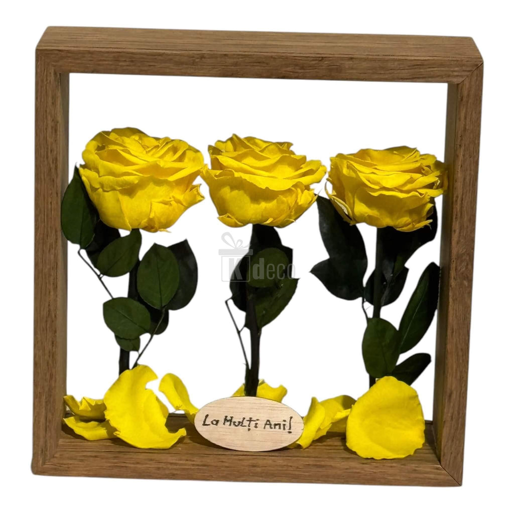 Aranjament de masă cu 3 trandafiri criogenați galbeni în ramă de lemn și plexiglas, decor floral de lux pentru casă.