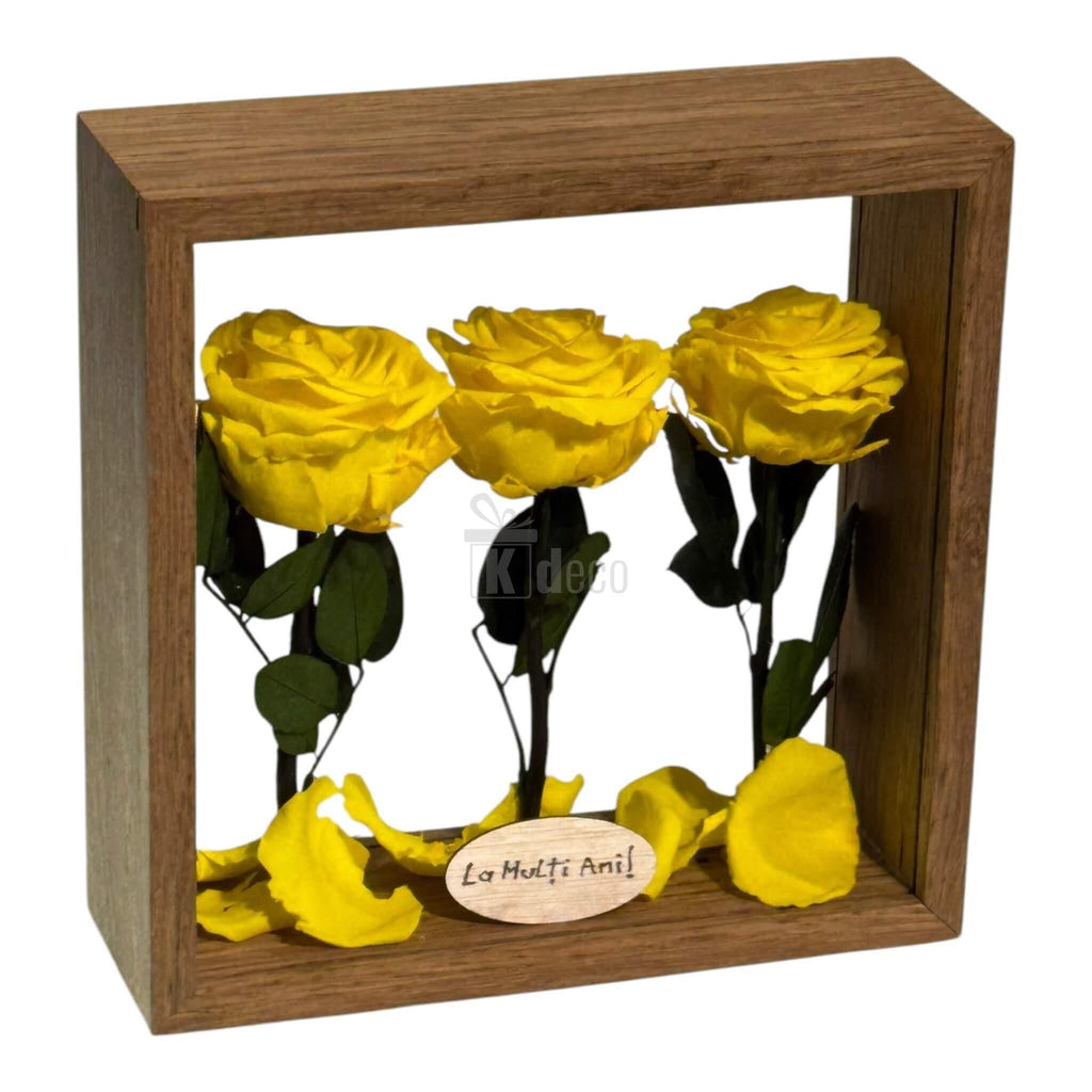 Trandafiri criogenați galbeni în aranjament de masă 27x27cm, cadou elegant și decor de durată pentru orice interior.