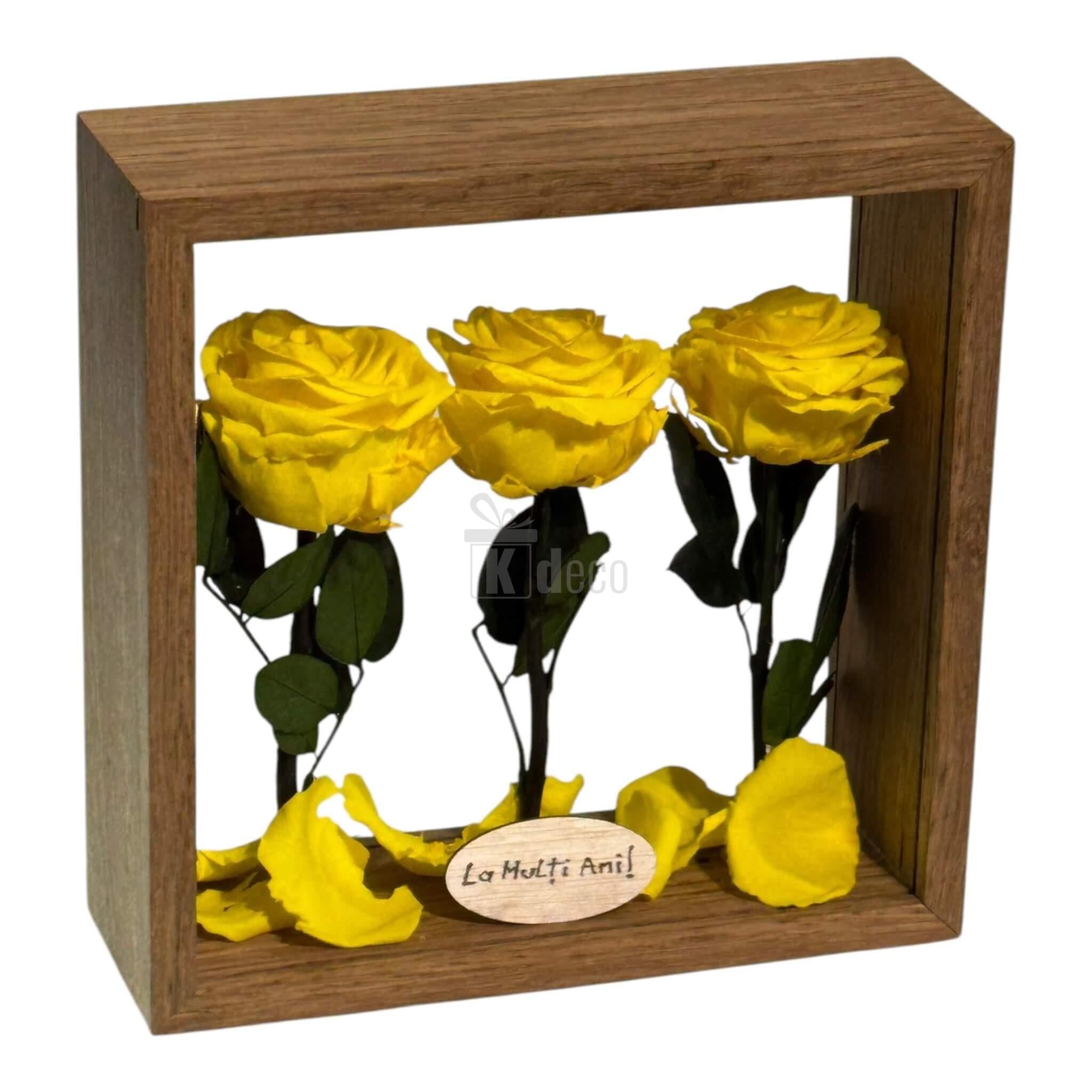 Trandafiri criogenați galbeni în aranjament de masă 27x27cm, cadou elegant și decor de durată pentru orice interior.