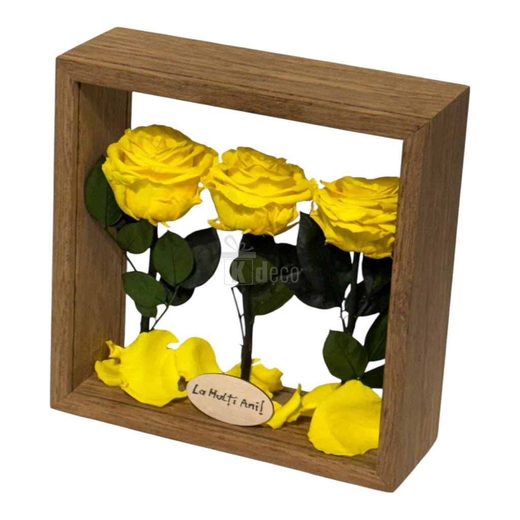 Aranjament floral cu trandafiri galbeni criogenați în ramă pătrată, ideal pentru Home & Garden > Decor > Dried Flowers.
