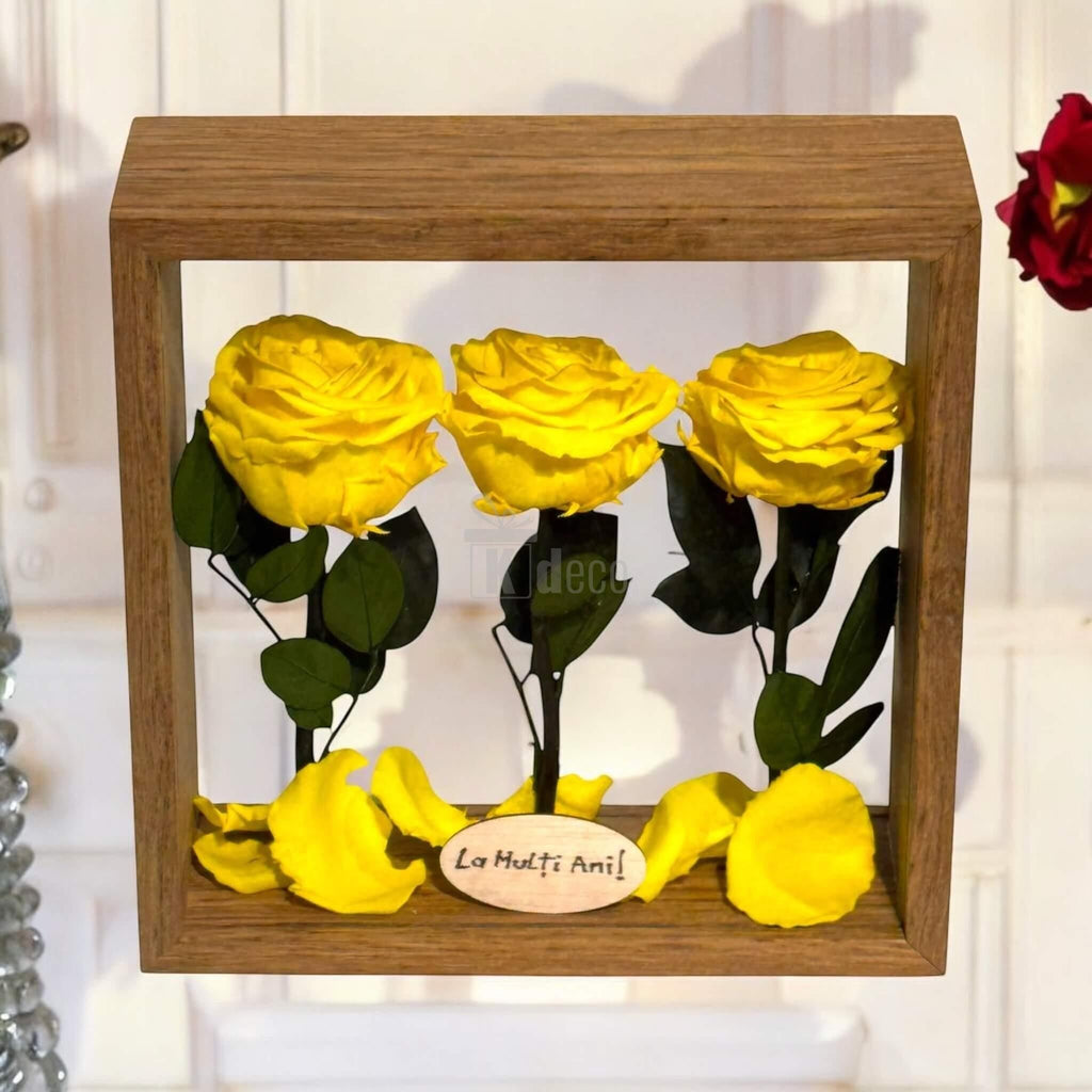 Decor floral cu 3 trandafiri criogenați galbeni în ramă din lemn și plexiglas, ideal pentru Home & Garden > Decor > Dried Flowers.