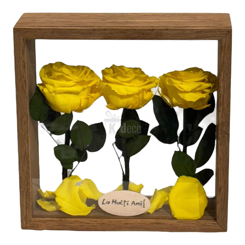 Aranjament de Masă cu 3 Trandafiri Criogenați Galbeni Premium în cutie plexiglas 27x27cm, decor elegant pentru casă și cadou durabil.
