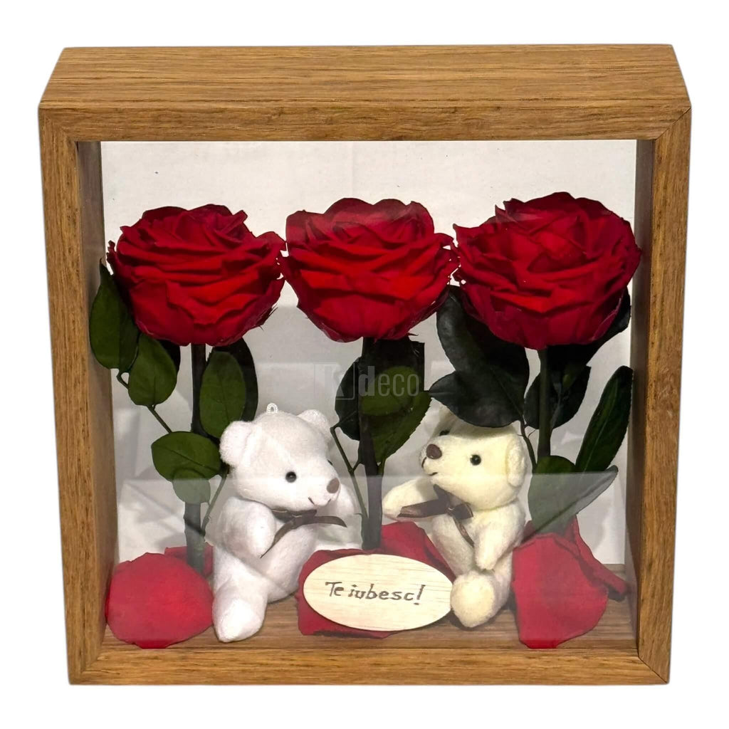 Trandafiri criogenați roșii și ursuleți de plus în cutie plexiglas 27x27cm, decor romantic perfect pentru casă sau cadou aniversar.