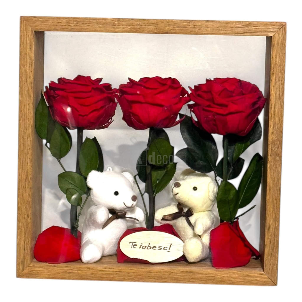 Aranjament elegant cu trandafiri criogenați roșii și ursuleți de plus, în cutie decorativă plexiglas, simbol perfect al iubirii.