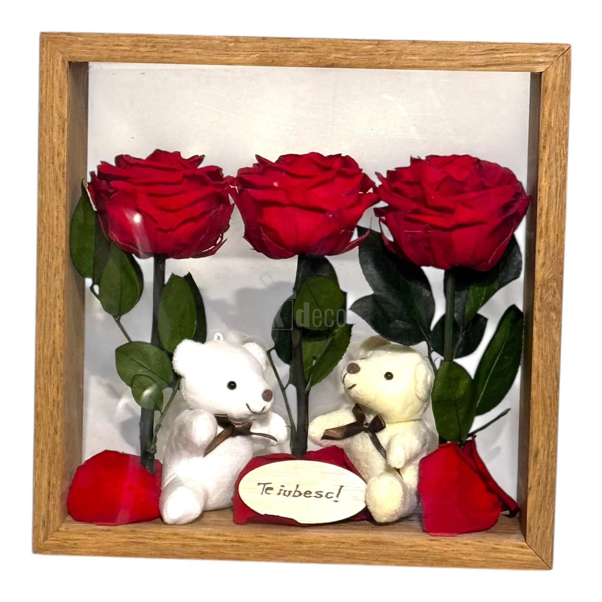 Aranjament elegant cu trandafiri criogenați roșii și ursuleți de plus, în cutie decorativă plexiglas, simbol perfect al iubirii.