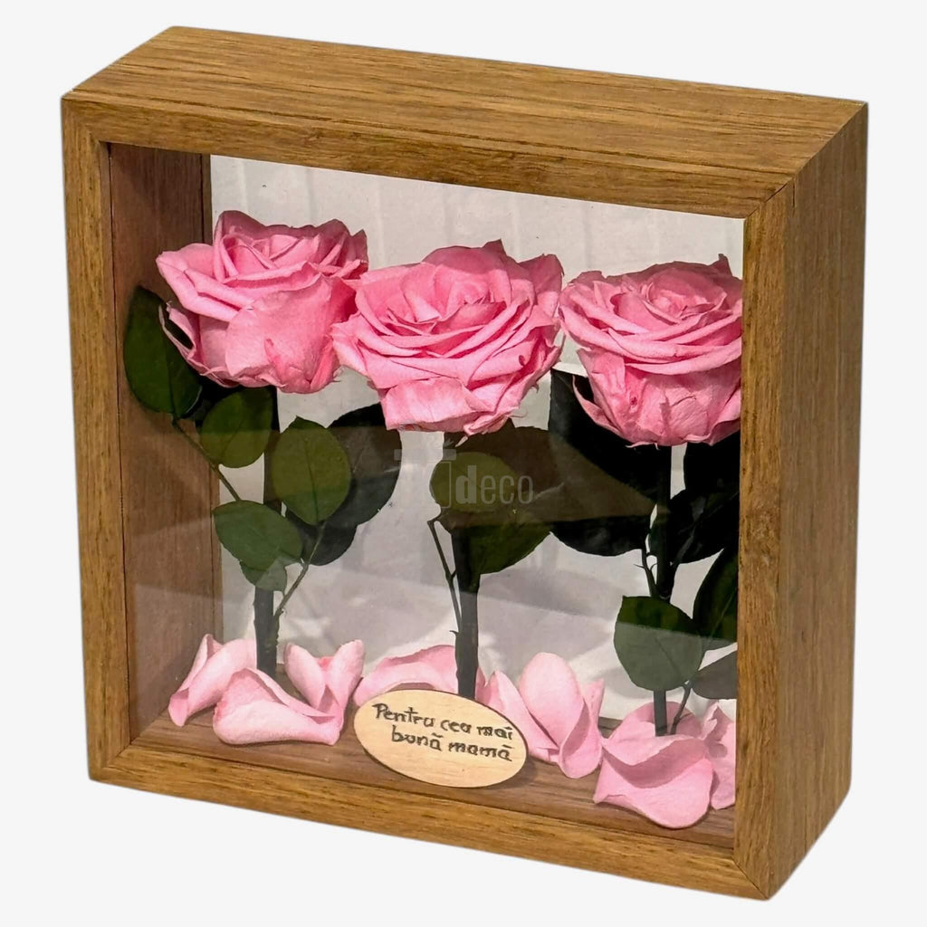Aranjament de masă cu trandafiri criogenați roz și petale, în ramă de lemn, mesaj personalizat pentru mamă, decor Home & Garden.