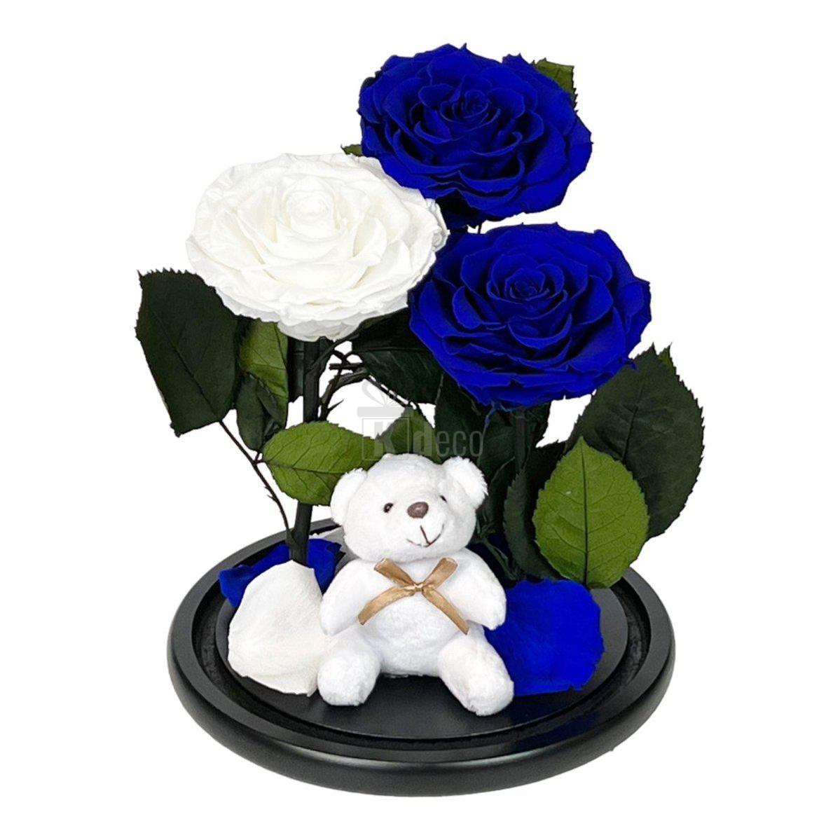 3 Trandafiri Criogenati mari (2 albastrii si 1 alb) in cupola sticla cu ursulet-Kdeco.ro