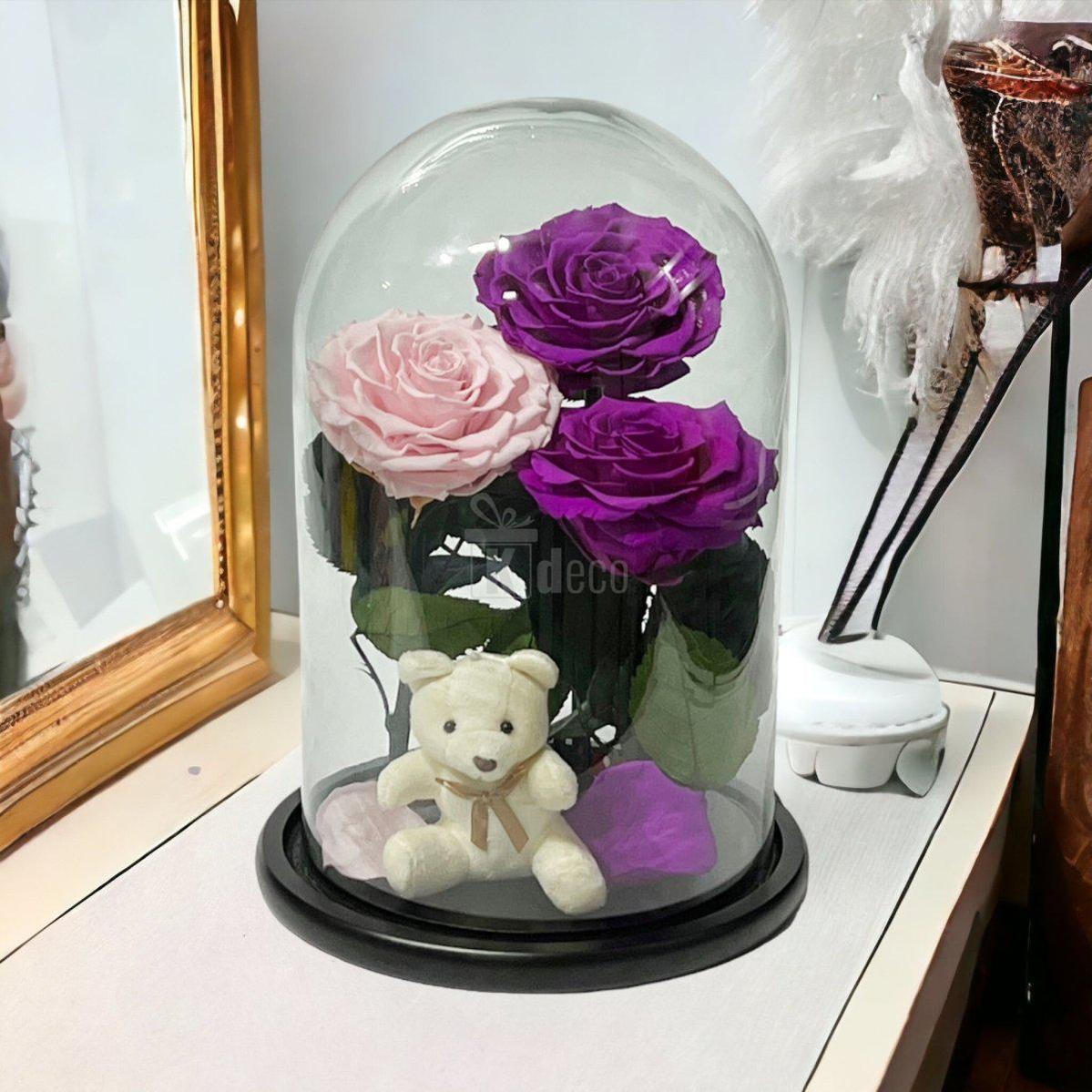 3 Trandafiri Criogenati mari (2 purpurii si 1 roz pal) in cupola sticla-Kdeco.ro