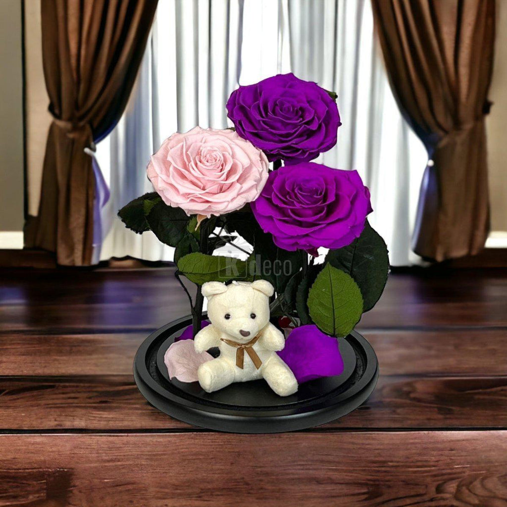 3 Trandafiri Criogenati mari (2 purpurii si 1 roz pal) in cupola sticla-Kdeco.ro