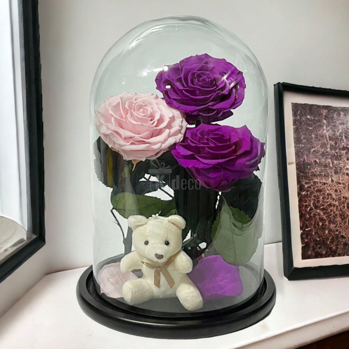 3 Trandafiri Criogenati mari (2 purpurii si 1 roz pal) in cupola sticla-Kdeco.ro